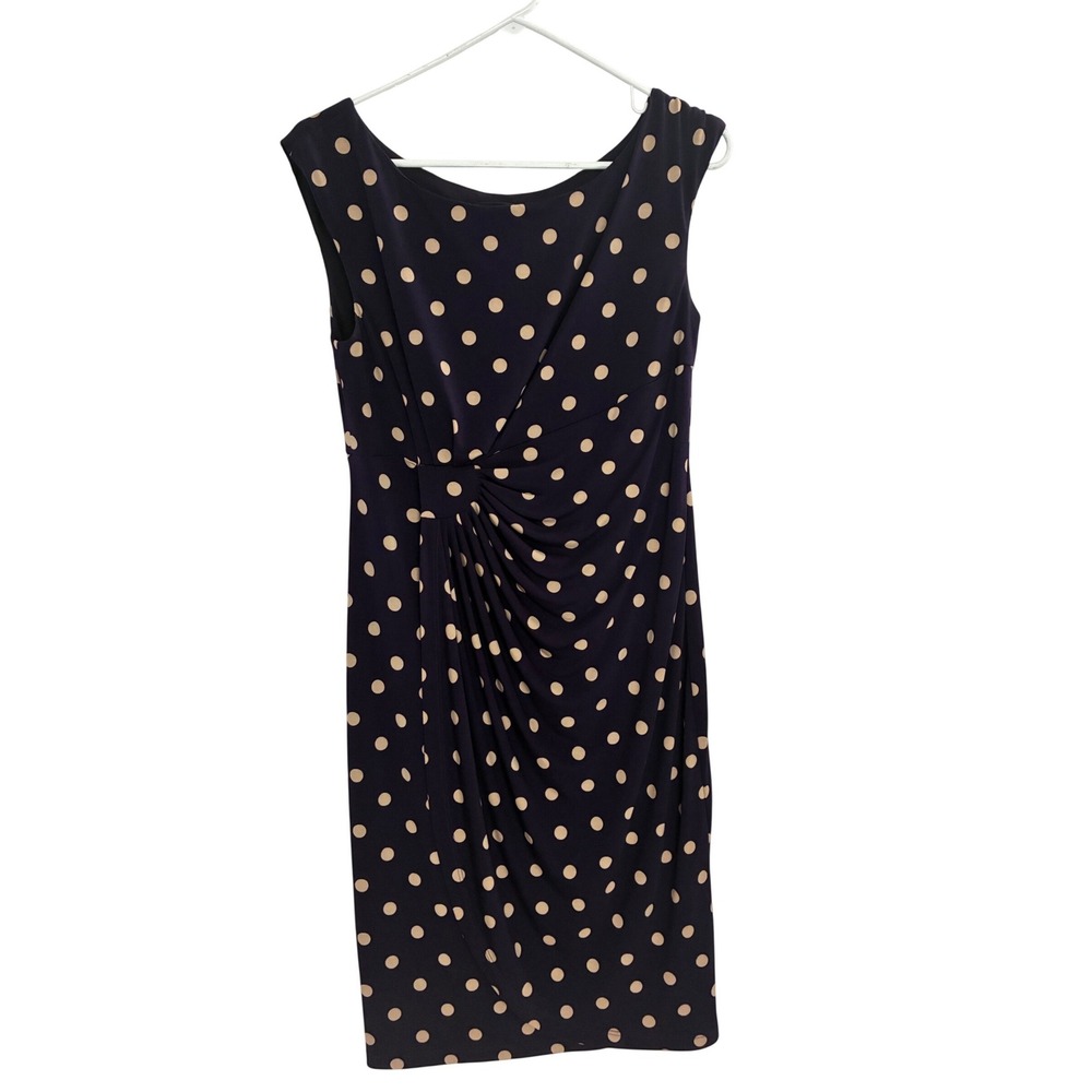 Polka Dot Dress Faux Wrap Womens 10 Navy Blue Side Drape Sheath Sleeveless Class